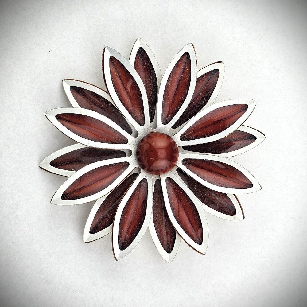 Vintage Burgundy Red White Pin Stripe Enamel Daisy Flower Pin Brooch 2.75"